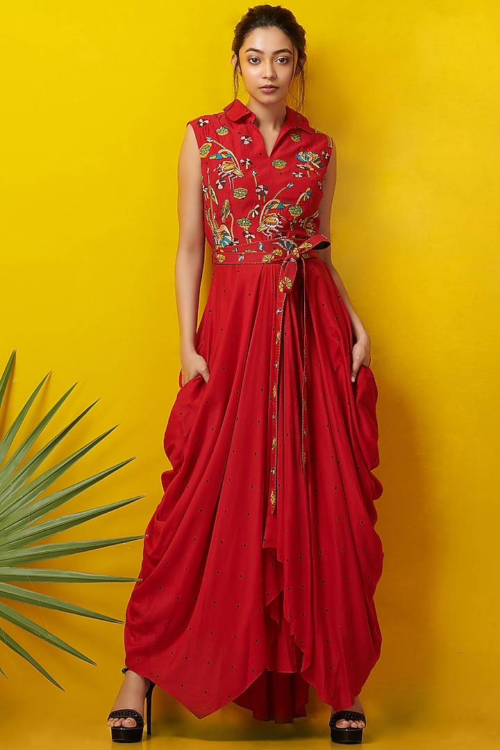 Red Embroidered Maxi Dress by Rishi & Soujit