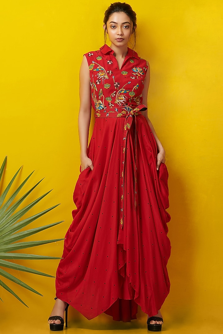 Red Embroidered Maxi Vacation Dress by Rishi & Soujit at Pernia's Pop Up Shop