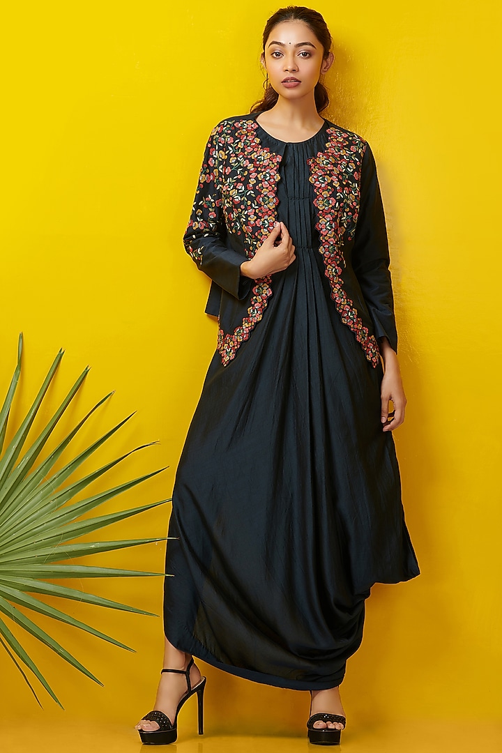 Midnight Blue Embroidered Jacket Set by Rishi & Soujit