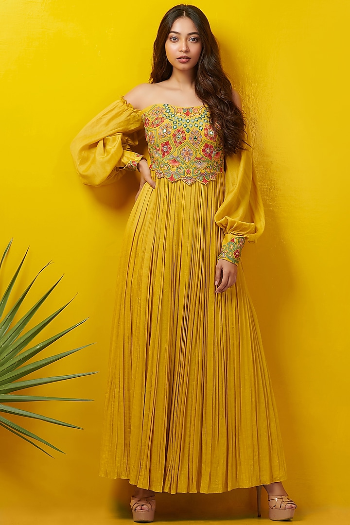 Mustard Embroidered Off Shoulder Vacation Dress by Rishi & Soujit at Pernia's Pop Up Shop