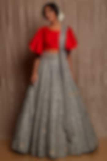 Red & Grey Embroidered Wedding Lehenga Set by Rishi & Soujit at Pernia's Pop Up Shop