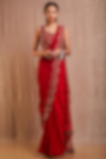 Red & Grey Striped Pre-Stitched Saree Set by Rishi & Soujit