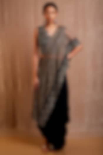Navy Blue & Grey Raw Silk Draped Skirt Set by Rishi & Soujit