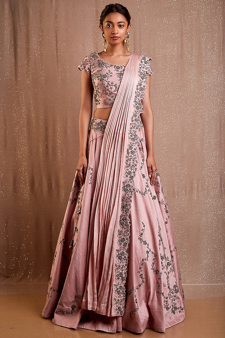 Flamingo Pink Zardozi Embroidered Wedding Lehenga Set by Rishi & Soujit at Pernia's Pop Up Shop