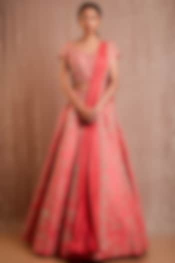 Coral Zardosi Embroidered Wedding Lehenga Set by Rishi & Soujit at Pernia's Pop Up Shop