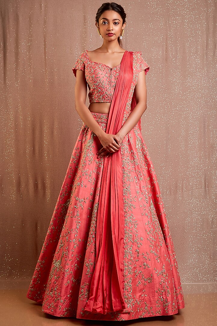 Coral Zardosi Embroidered Wedding Lehenga Set by Rishi & Soujit at Pernia's Pop Up Shop