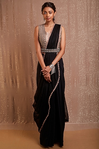 Black & Grey Embroidered Diffusion Skirt Set by Rishi & Soujit