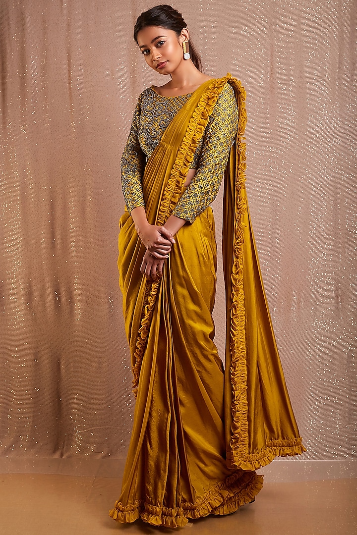 Corn Yellow Embroidered Pre-Stitched Saree by Rishi & Soujit