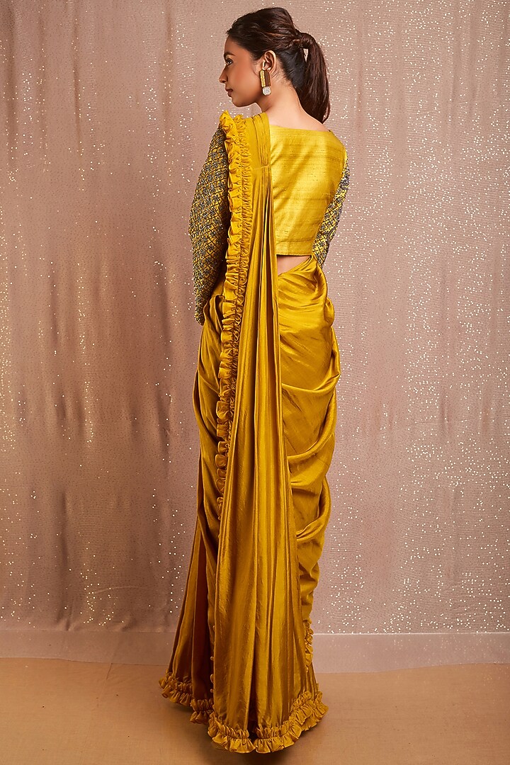 Corn Yellow Embroidered Pre-Stitched Wedding Saree by Rishi & Soujit at Pernia's Pop Up Shop