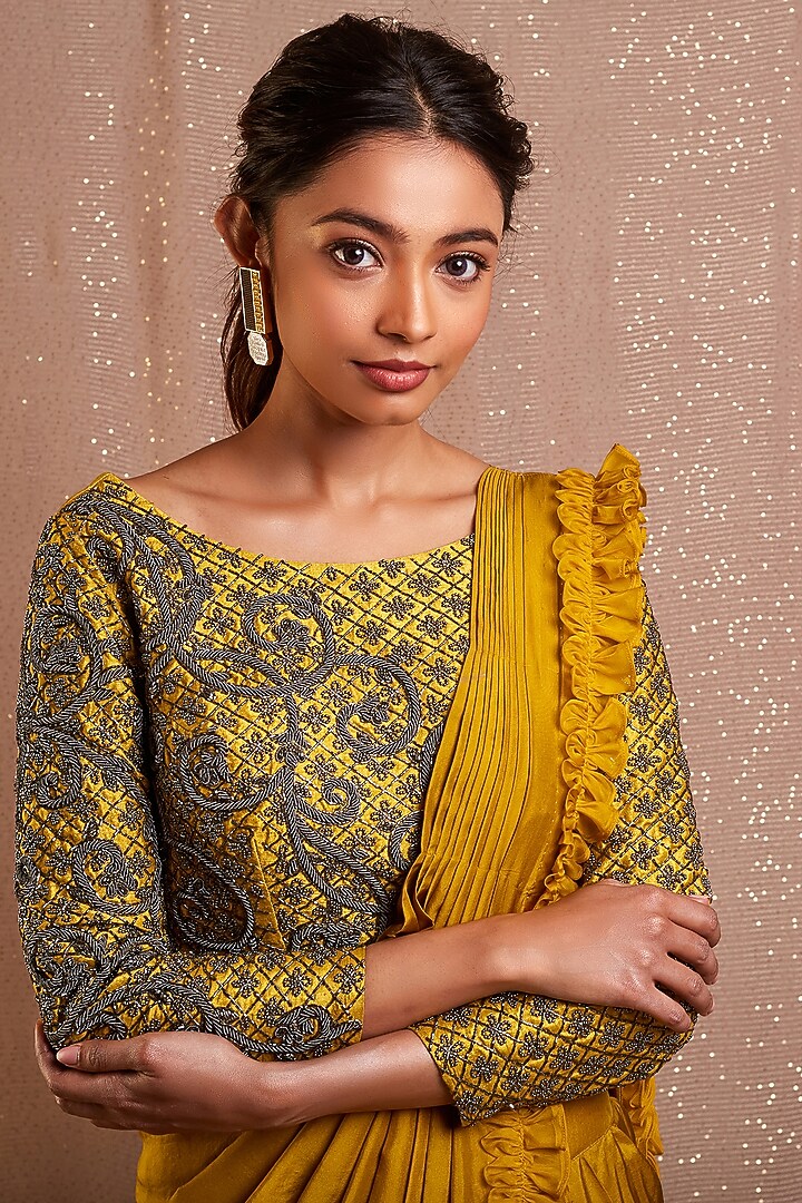 Corn Yellow Embroidered Pre-Stitched Wedding Saree by Rishi & Soujit at Pernia's Pop Up Shop
