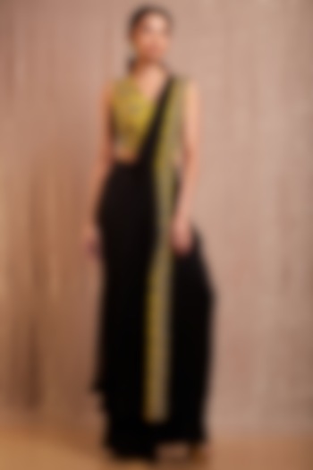 Yellow & Black Embroidered Diffusion Skirt Set by Rishi & Soujit