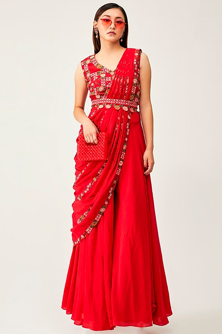 Red Silk Cotton Draped Pant Saree Set by Rishi & Soujit