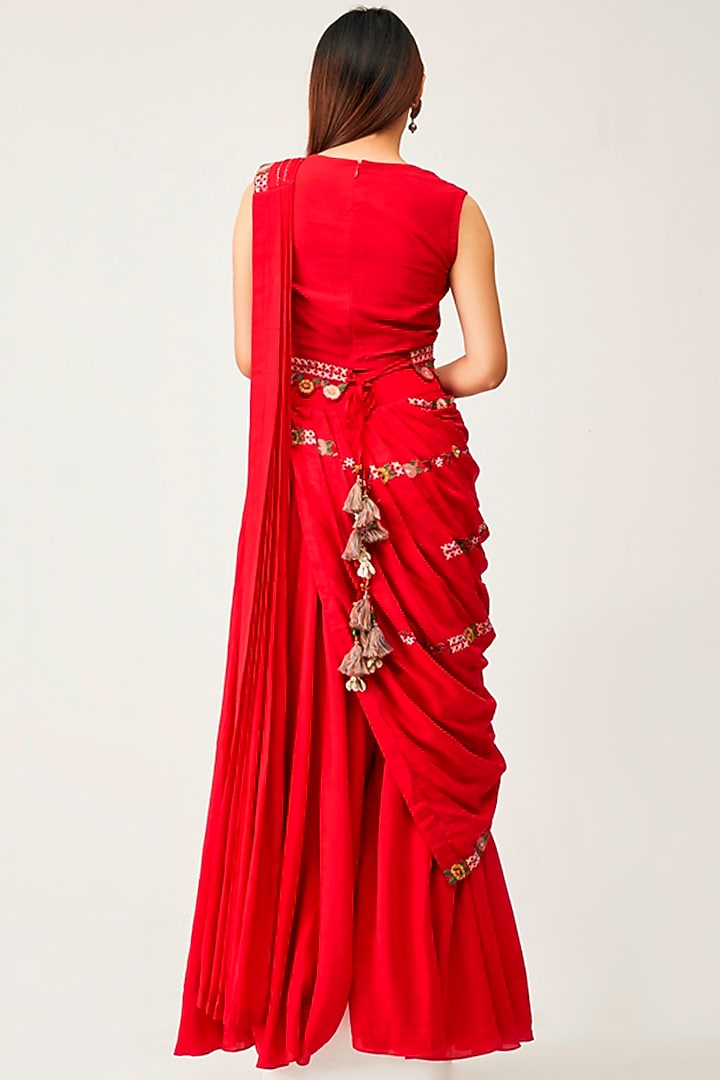 Red Silk Cotton Draped Pant Party Wear Saree Set by Rishi & Soujit at Pernia's Pop Up Shop