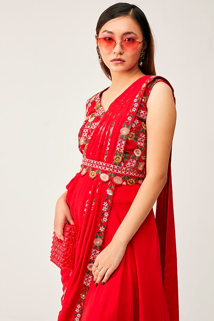 Red Silk Cotton Draped Pant Party Wear Saree Set by Rishi & Soujit at Pernia's Pop Up Shop