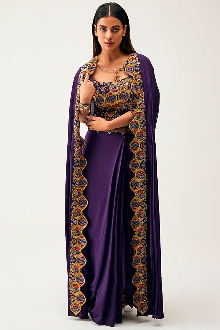 Purple Silk Cotton Draped Skirt Set by Rishi & Soujit at Pernia's Pop Up Shop