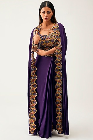 Purple Silk Cotton Draped Skirt Set by Rishi & Soujit