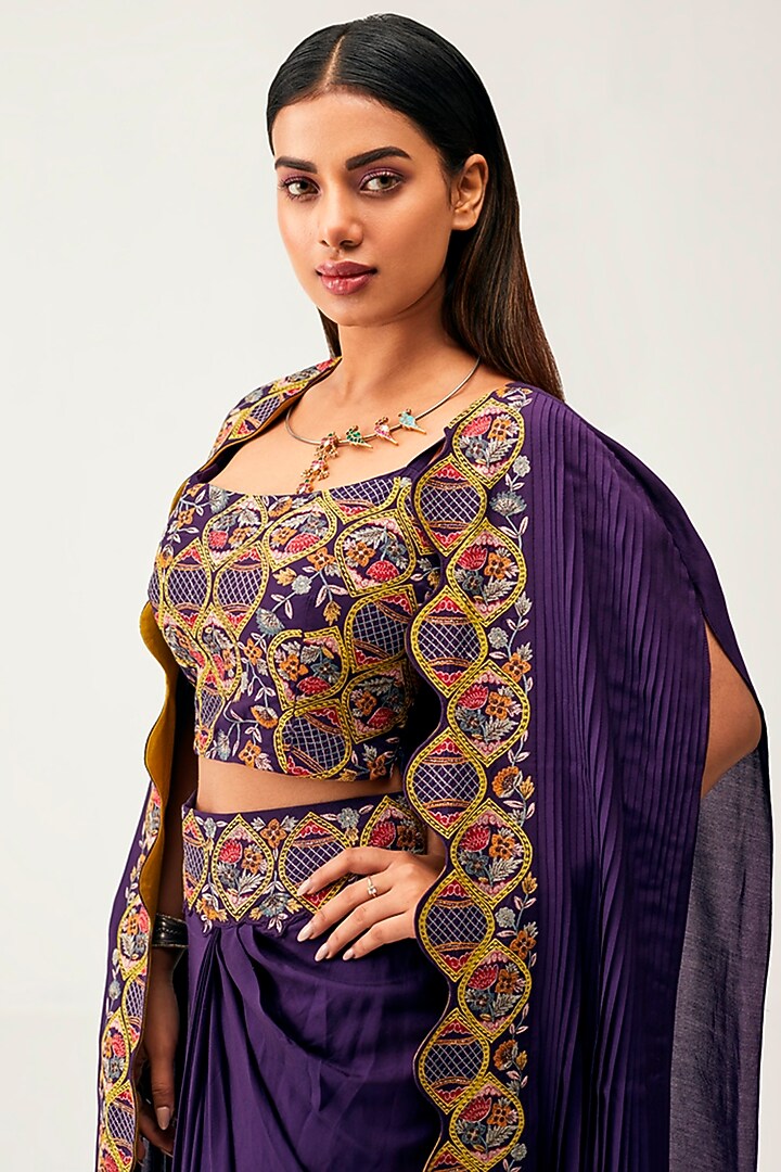 Purple Silk Cotton Draped Skirt Set by Rishi & Soujit at Pernia's Pop Up Shop