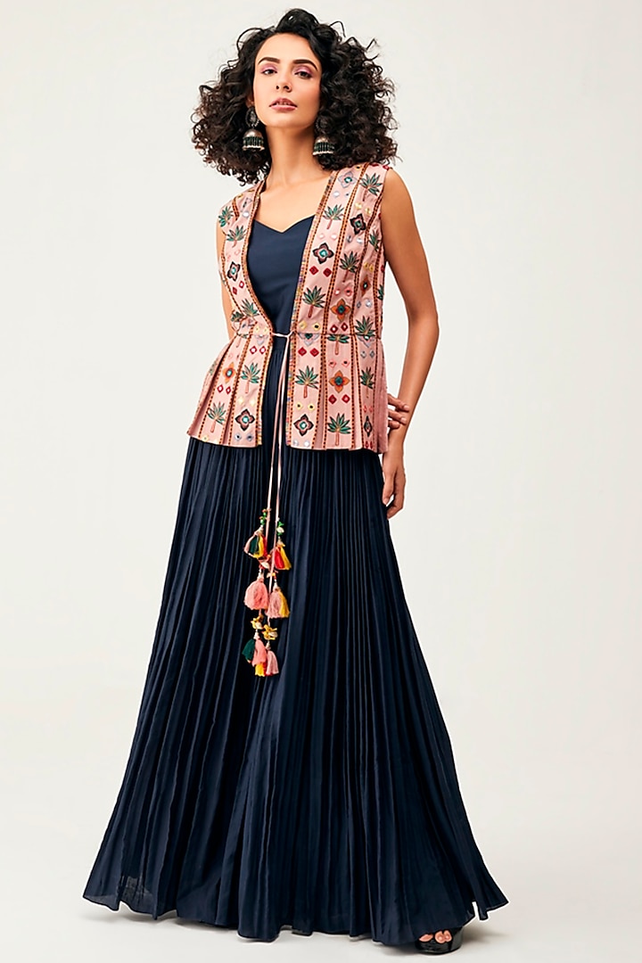 Navy Blue Silk Cotton Jumpsuit With Jacket by Rishi & Soujit