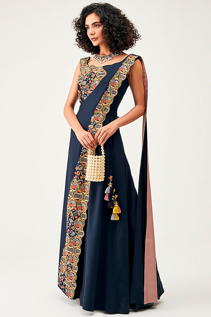Navy Blue Silk Cotton Embroidered Jumpsuit by Rishi & Soujit