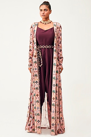 Wine Georgette Jumpsuit With Jacket by Rishi & Soujit