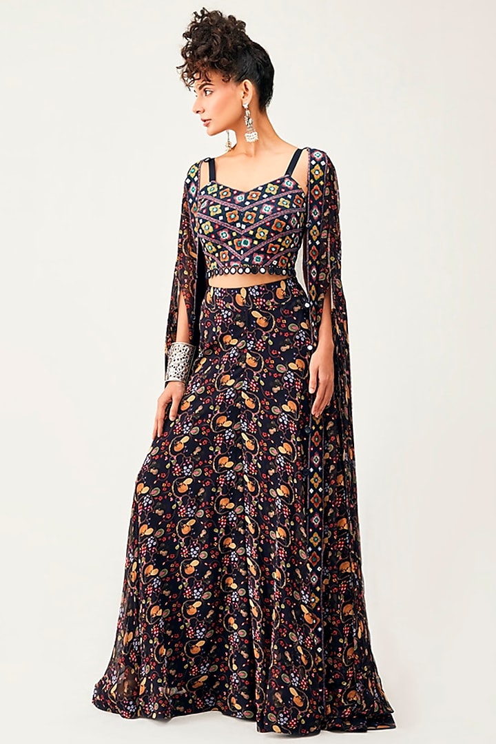 Navy Blue Printed Pant Set With Jacket by Rishi & Soujit