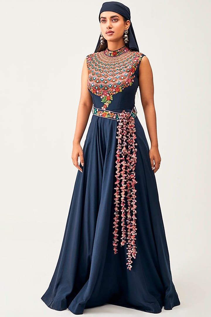 Navy Blue Georgette Flared Jumpsuit With Belt by Rishi & Soujit