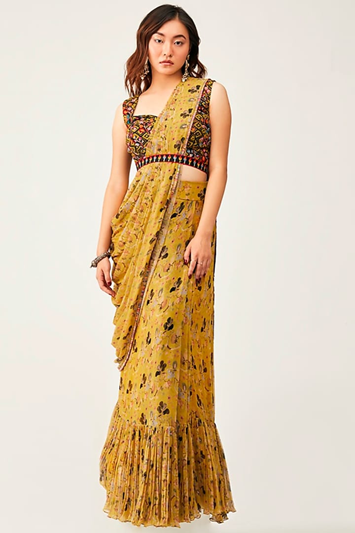 Mustard Silk Cotton & Georgette Printed Draped Saree Set by Rishi & Soujit