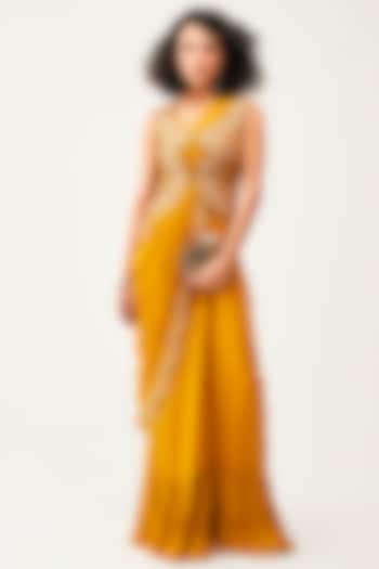 Mustard Georgette Pre-Draped Saree Set by Rishi & Soujit