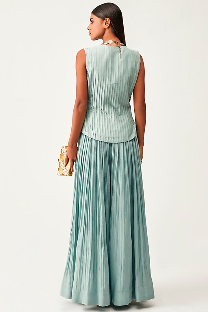 Dusky Blue Silk Cotton Flared Jumpsuit With Jacket by Rishi & Soujit at Pernia's Pop Up Shop