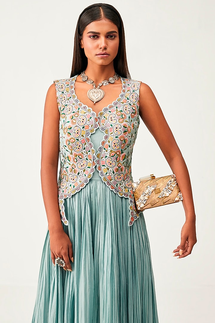 Dusky Blue Silk Cotton Flared Jumpsuit With Jacket by Rishi & Soujit at Pernia's Pop Up Shop