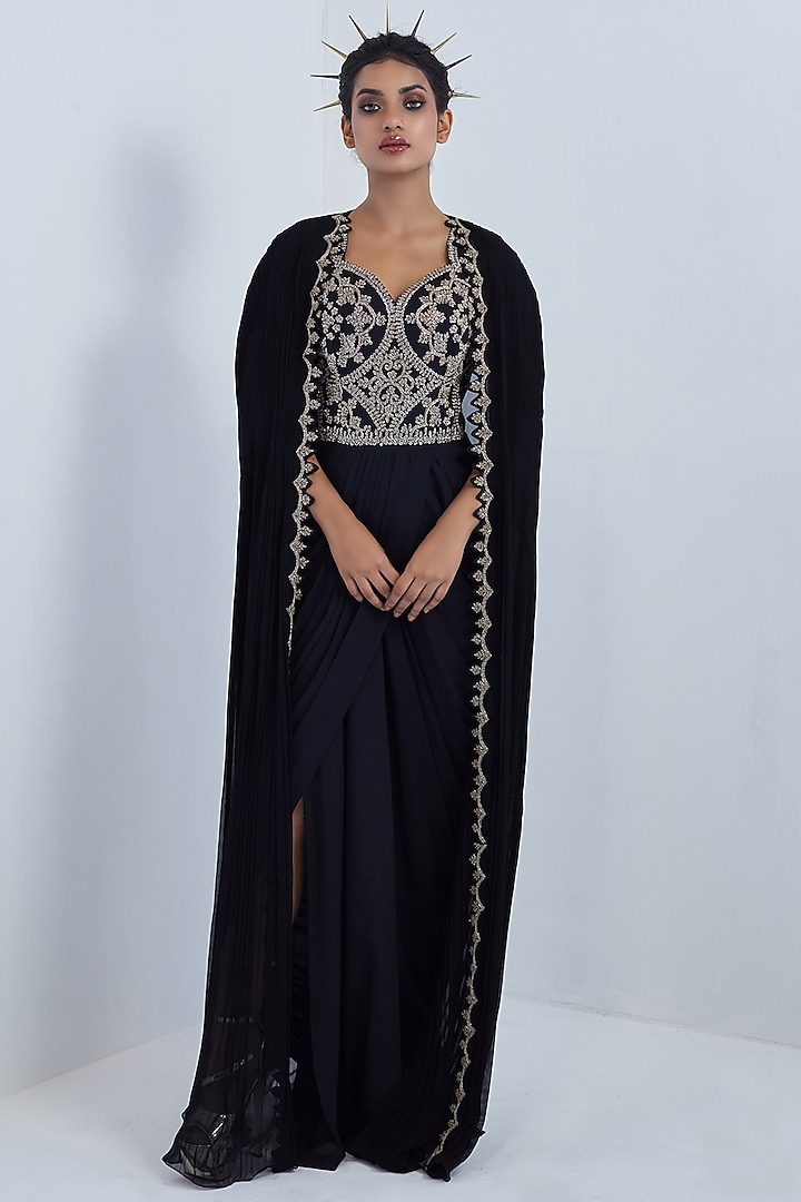 Black Embroidered Gown With Cape by Rishi & Soujit at Pernia's Pop Up Shop