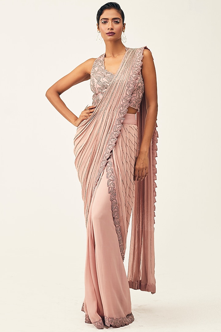 Pink Embroidered Pre-Stitched Wedding Saree by Rishi & Soujit at Pernia's Pop Up Shop