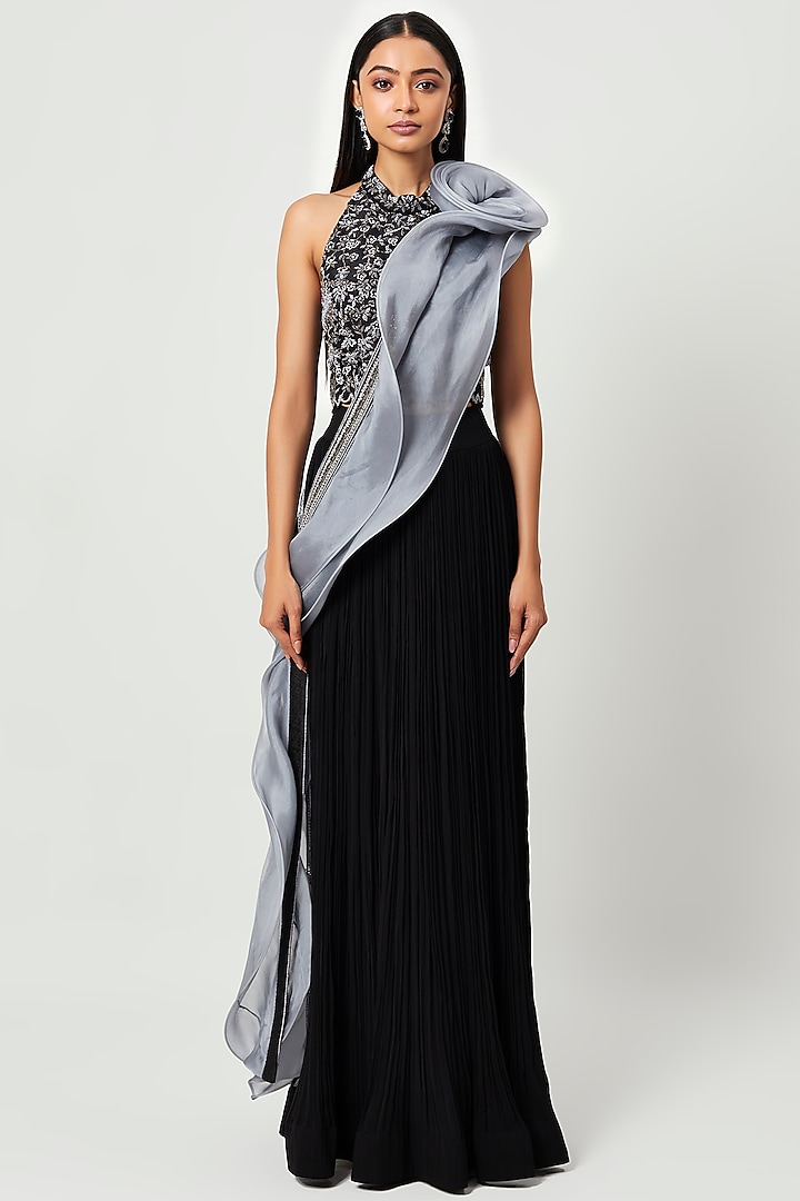 Black & Grey Organza Gathered Skirt Set Design by Rishi & Soujit at ...