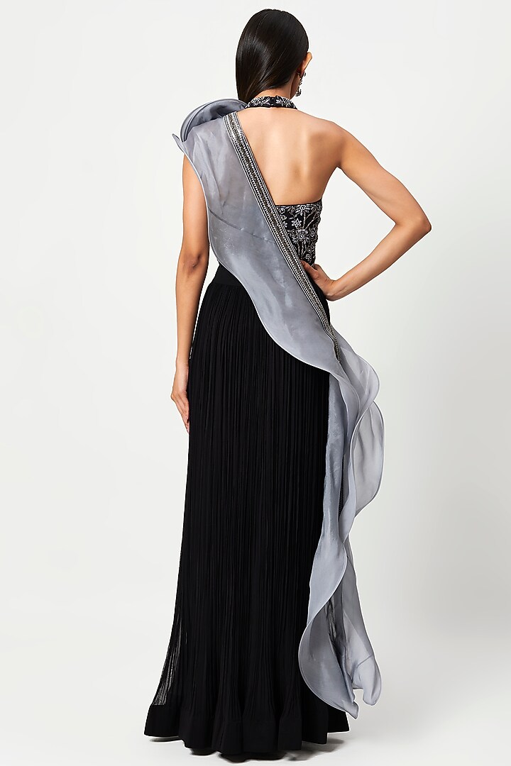 Black & Grey Organza Gathered Skirt Set by Rishi & Soujit at Pernia's Pop Up Shop