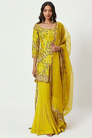 Lime Yellow Raw Silk Sharara Set by Rishi & Soujit