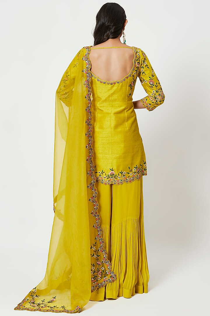 Lime Yellow Raw Silk Wedding Sharara Set by Rishi & Soujit at Pernia's Pop Up Shop