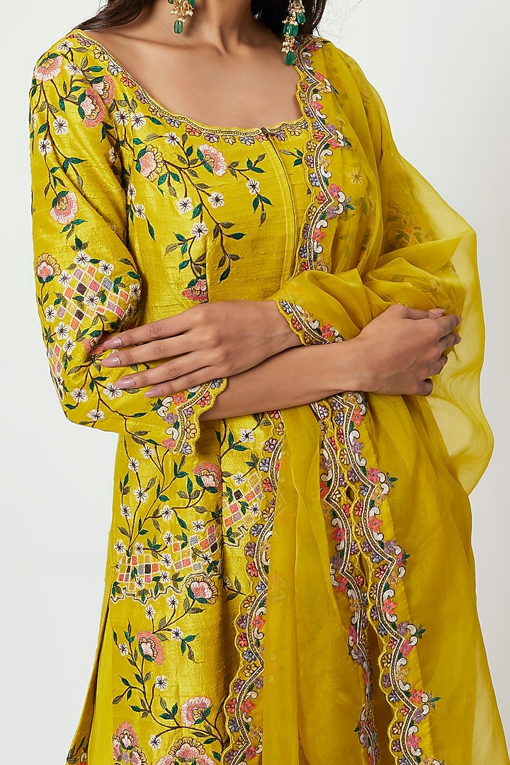 Lime Yellow Raw Silk Wedding Sharara Set by Rishi & Soujit at Pernia's Pop Up Shop