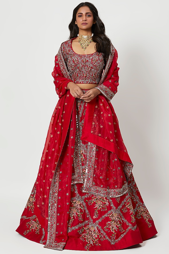 Red Embellished Bridal Lehenga Set by Rishi & Soujit at Pernia's Pop Up Shop