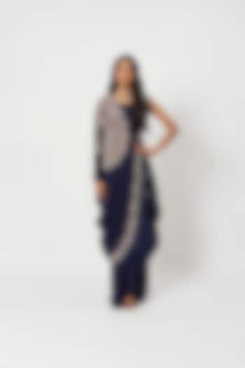 Navy Blue Embroidered Jacket Cocktail Dress by Rishi & Soujit at Pernia's Pop Up Shop