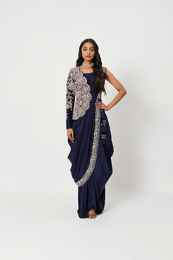 Navy Blue Embroidered Jacket Cocktail Dress by Rishi & Soujit at Pernia's Pop Up Shop