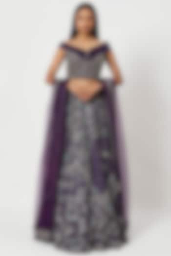 Purple Embroidered Bridal Lehenga Set by Rishi & Soujit at Pernia's Pop Up Shop