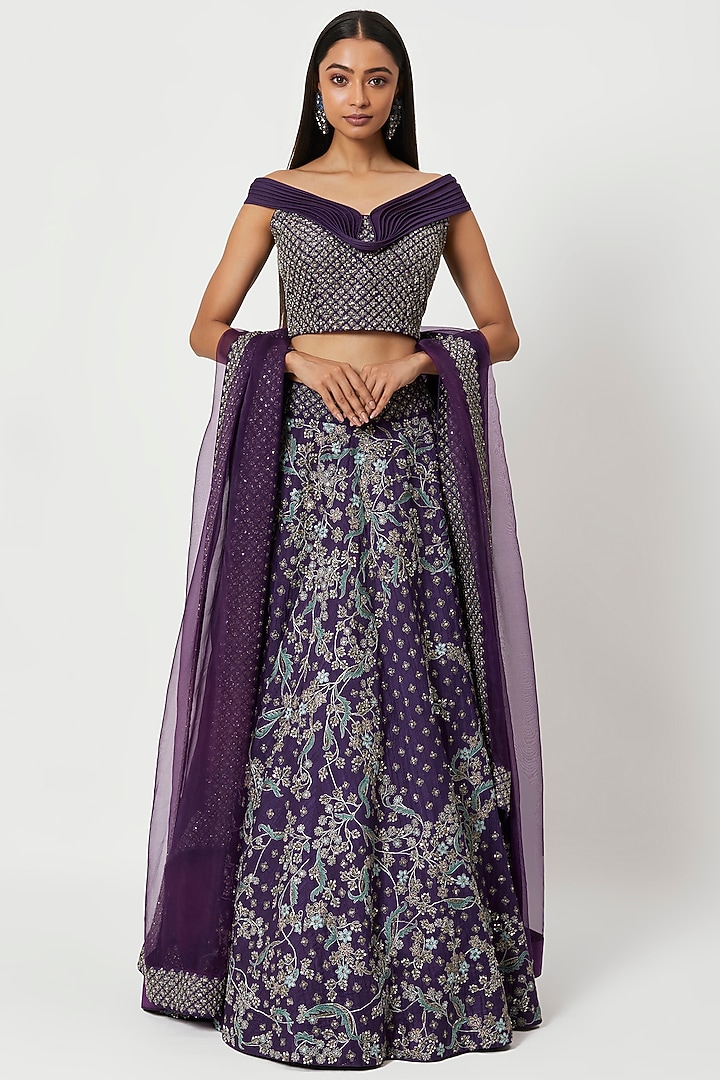 Purple Embroidered Bridal Lehenga Set by Rishi & Soujit at Pernia's Pop Up Shop