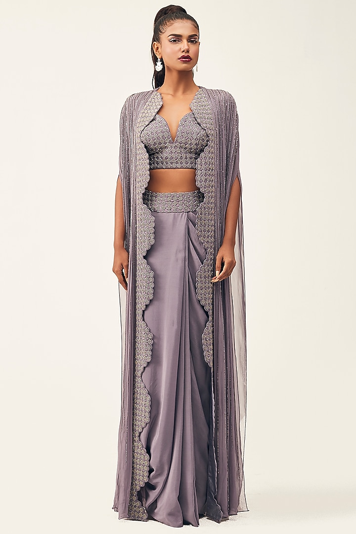 Lilac Embroidered Pleated Skirt Set by Rishi & Soujit