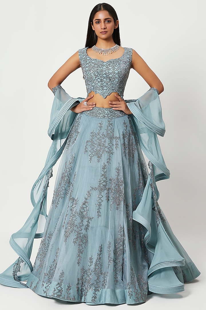 Sky Blue Organza Embroidered Lehenga Set by Rishi & Soujit