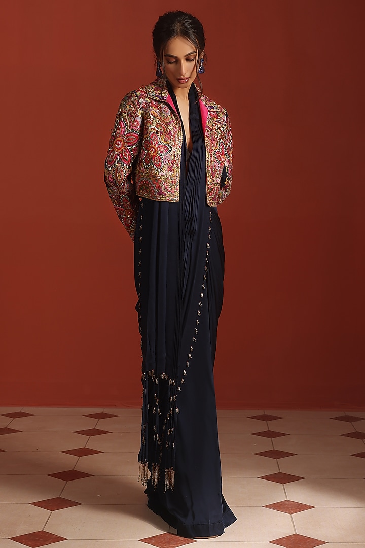 Navy Blue Bemberg Silk Thread Embroidered Jacket Draped Wedding Saree Set by Rishi & Soujit at Pernia's Pop Up Shop