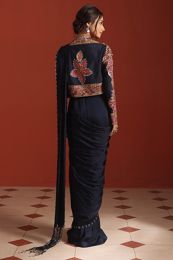 Navy Blue Bemberg Silk Thread Embroidered Jacket Draped Wedding Saree Set by Rishi & Soujit at Pernia's Pop Up Shop