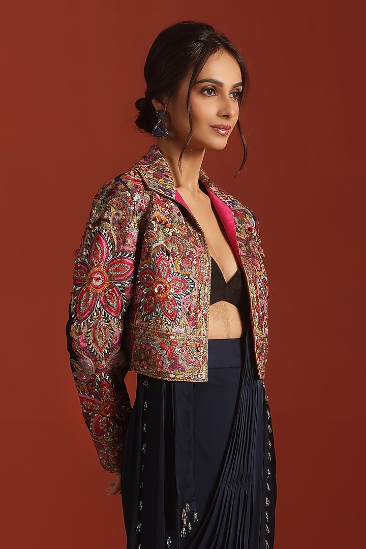 Navy Blue Bemberg Silk Thread Embroidered Jacket Draped Wedding Saree Set by Rishi & Soujit at Pernia's Pop Up Shop