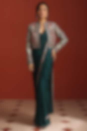 Green Bemberg Silk Thread Embroidered Jacket Draped Wedding Saree Set by Rishi & Soujit at Pernia's Pop Up Shop