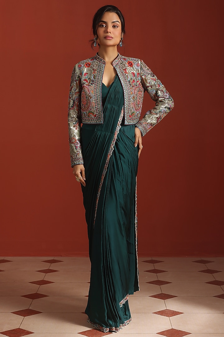 Green Bemberg Silk Thread Embroidered Jacket Draped Wedding Saree Set by Rishi & Soujit at Pernia's Pop Up Shop