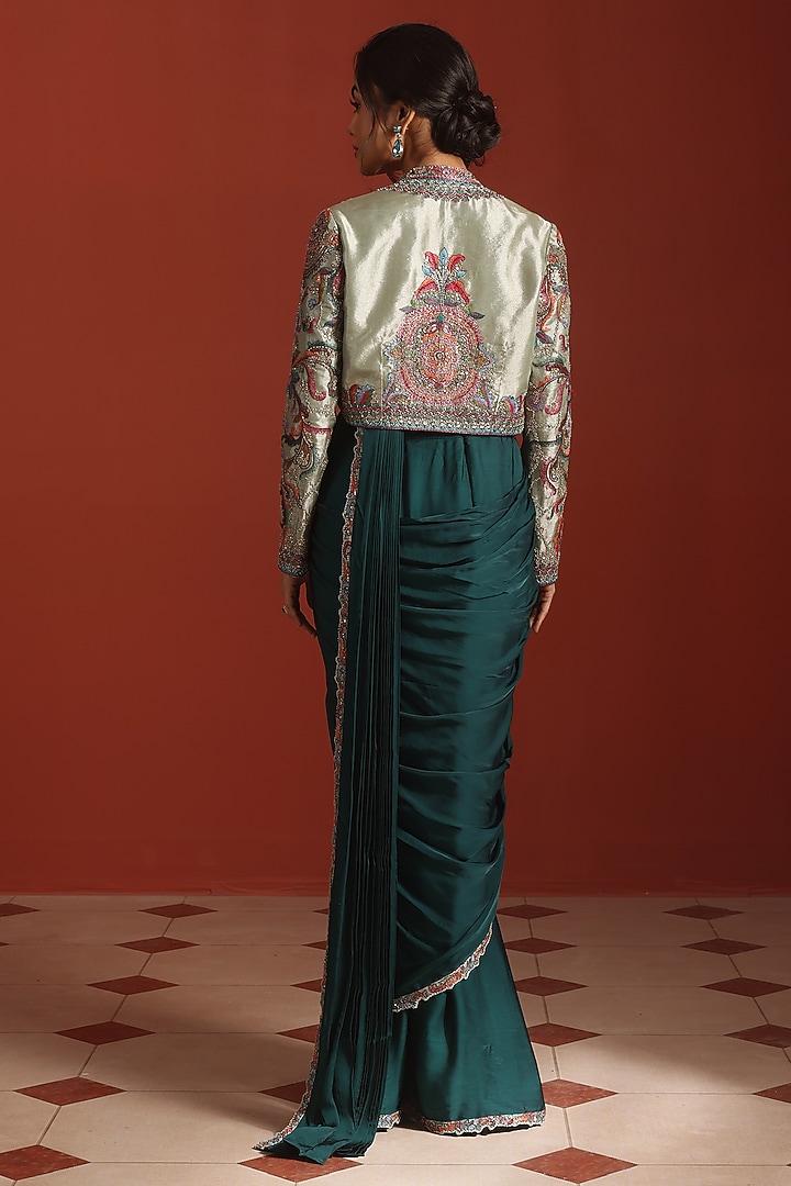 Green Bemberg Silk Thread Embroidered Jacket Draped Wedding Saree Set by Rishi & Soujit at Pernia's Pop Up Shop